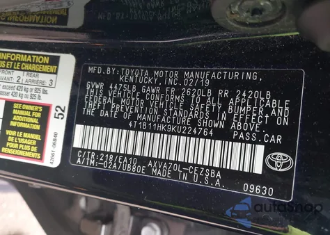 2019 Toyota Camry Se from USA, damaged, VIN 4T1B11HK9KU224764